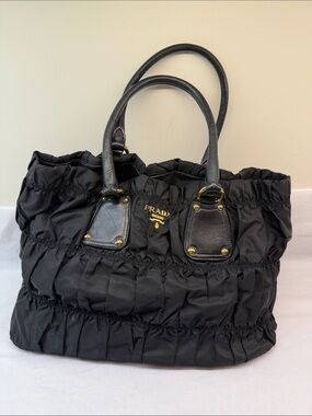 Prada Black Ruched Tote with Gold Hardware